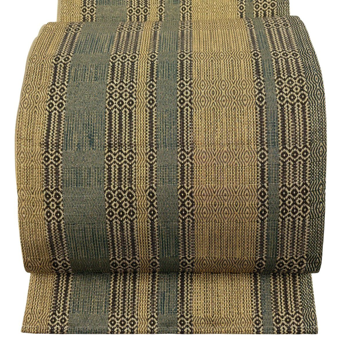 【美品】 袋帶 秀品級 縞 幾何學 金絲 金 全通 純蠶絲
