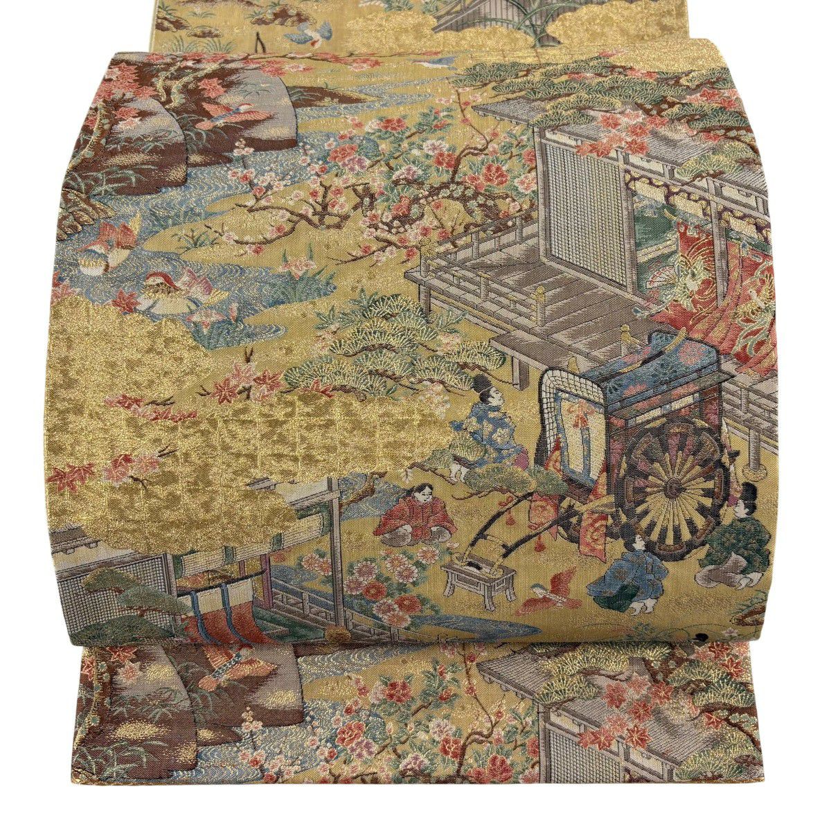 【美品】 袋帶 秀品級 御所車 人物 金絲 金金箔 金色 六通 純蠶絲