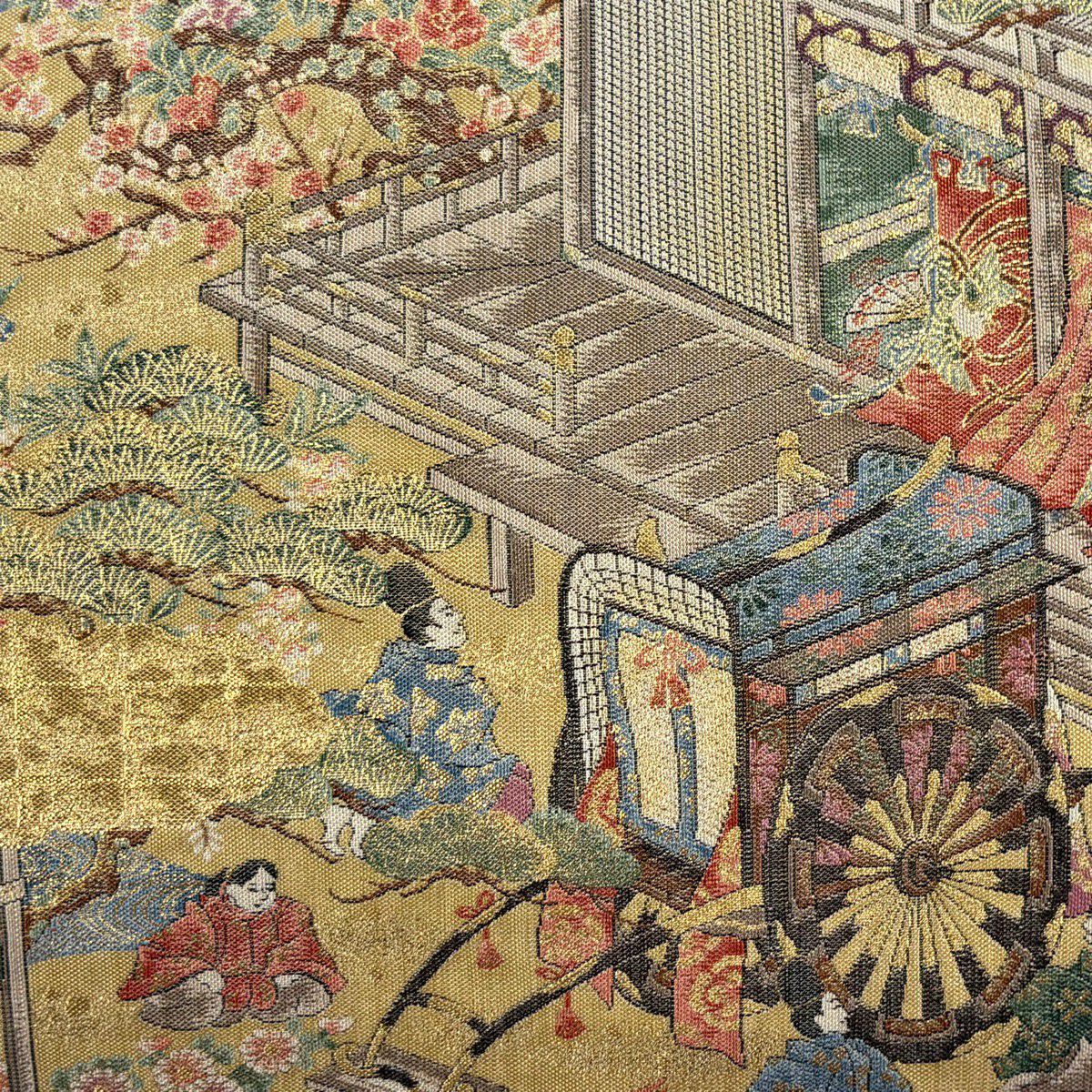 【美品】 袋帶 秀品級 御所車 人物 金絲 金金箔 金色 六通 純蠶絲