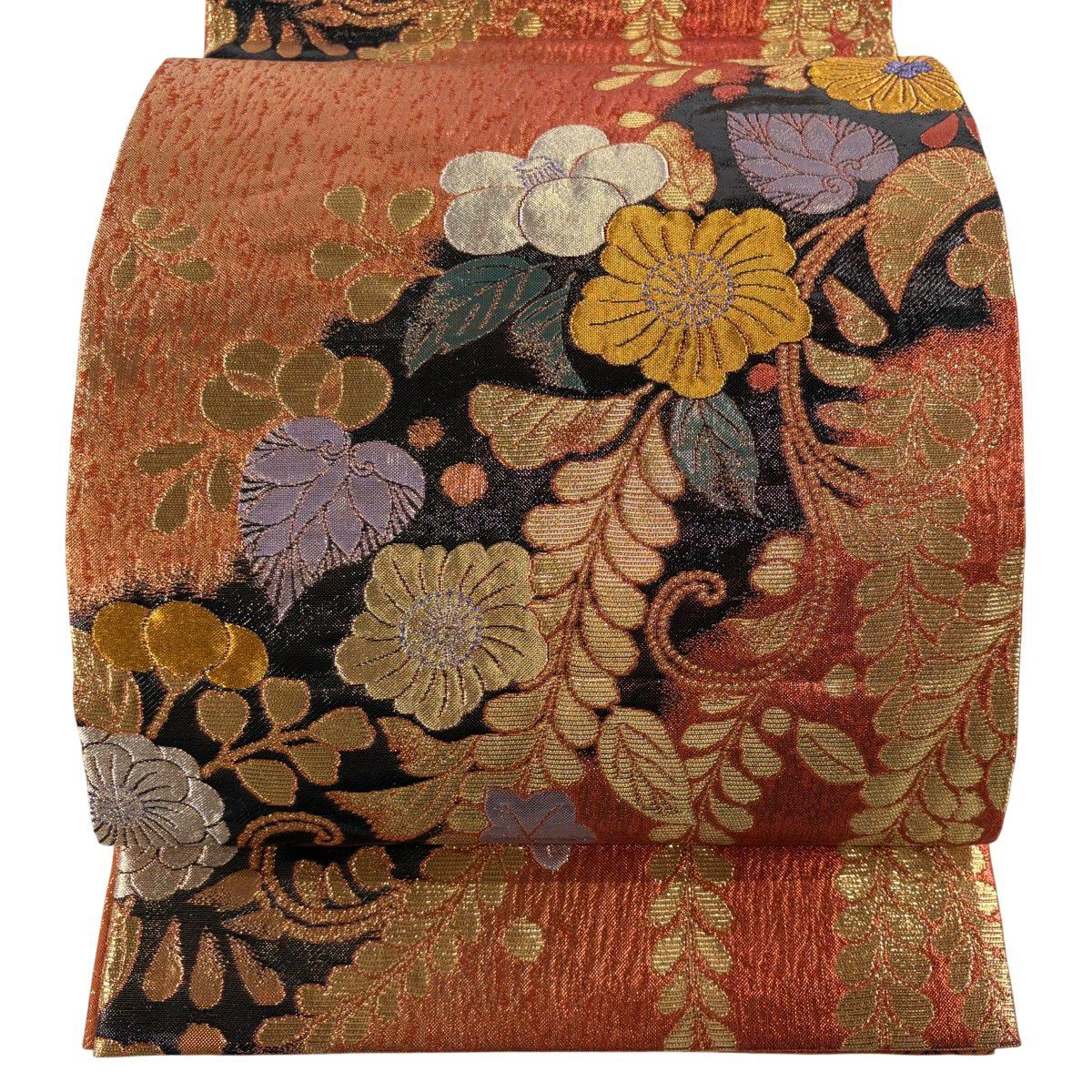 【美品】 袋帶 秀品級 振袖禮服禮服用 辻花染圖案 金銀彩 金金箔 橙色 六通 純蠶絲