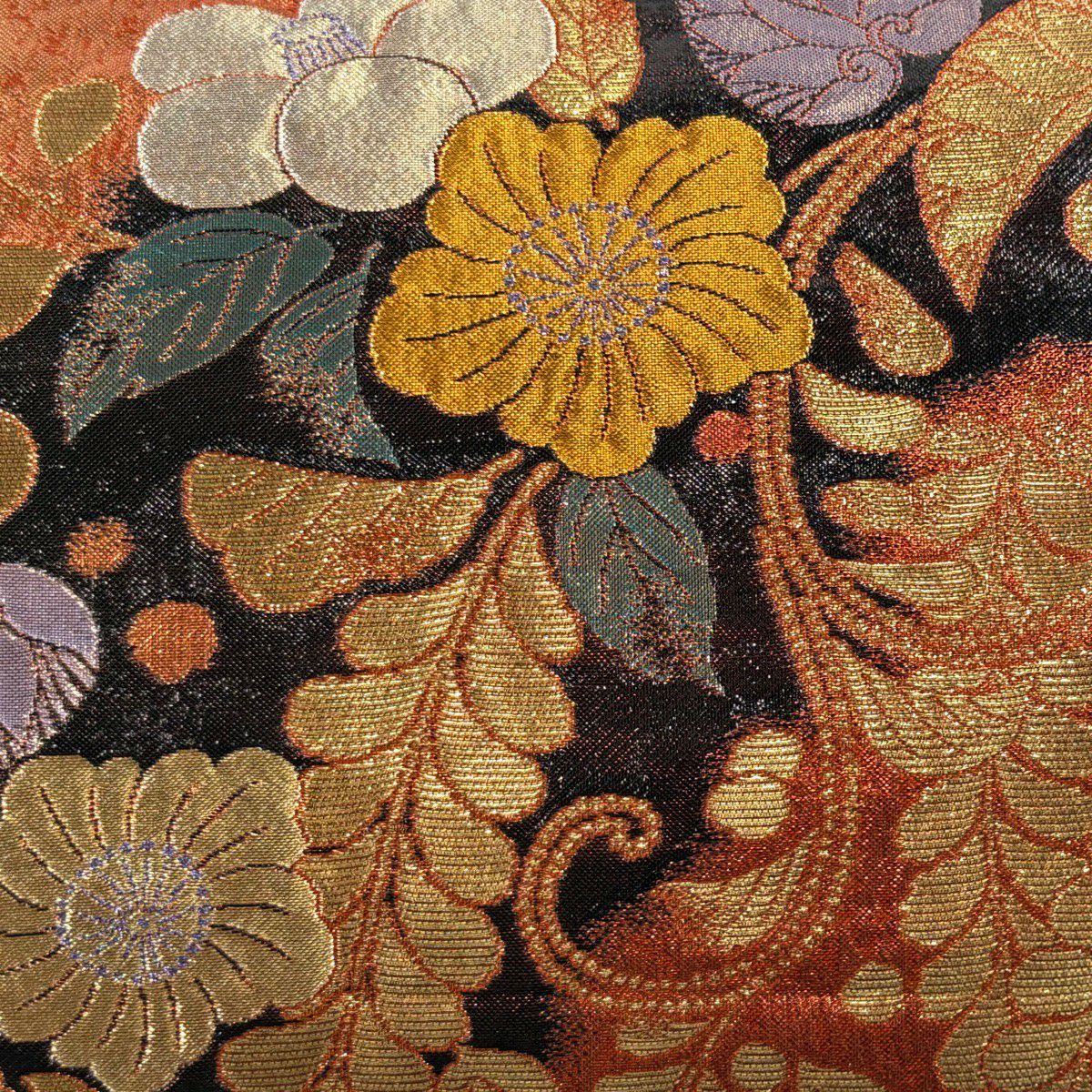 【美品】 袋帶 秀品級 振袖禮服禮服用 辻花染圖案 金銀彩 金金箔 橙色 六通 純蠶絲