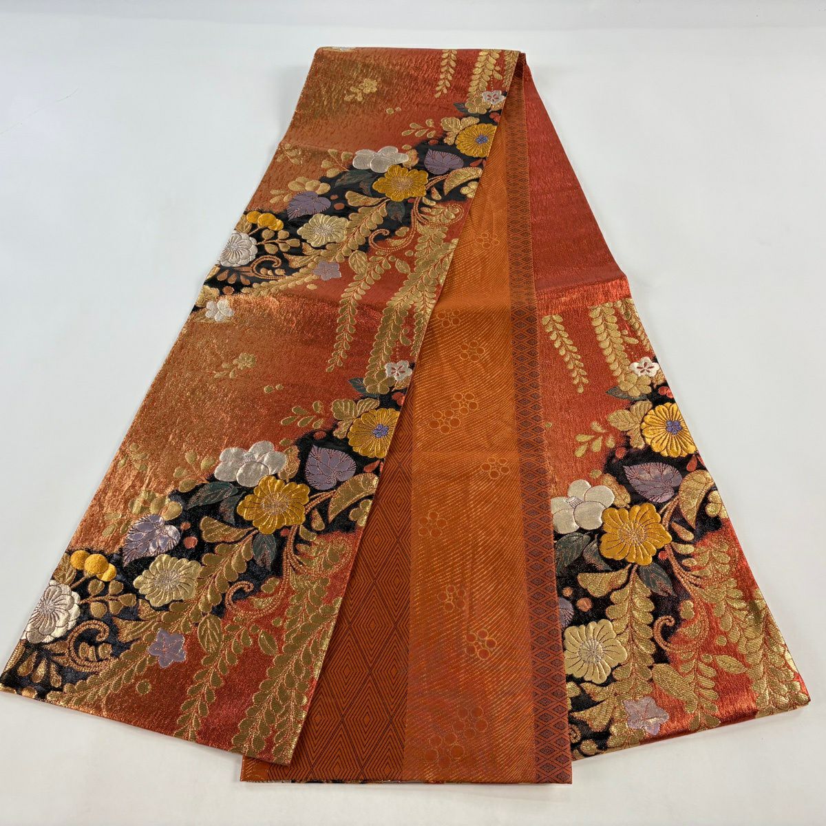 【美品】 袋帶 秀品級 振袖禮服禮服用 辻花染圖案 金銀彩 金金箔 橙色 六通 純蠶絲
