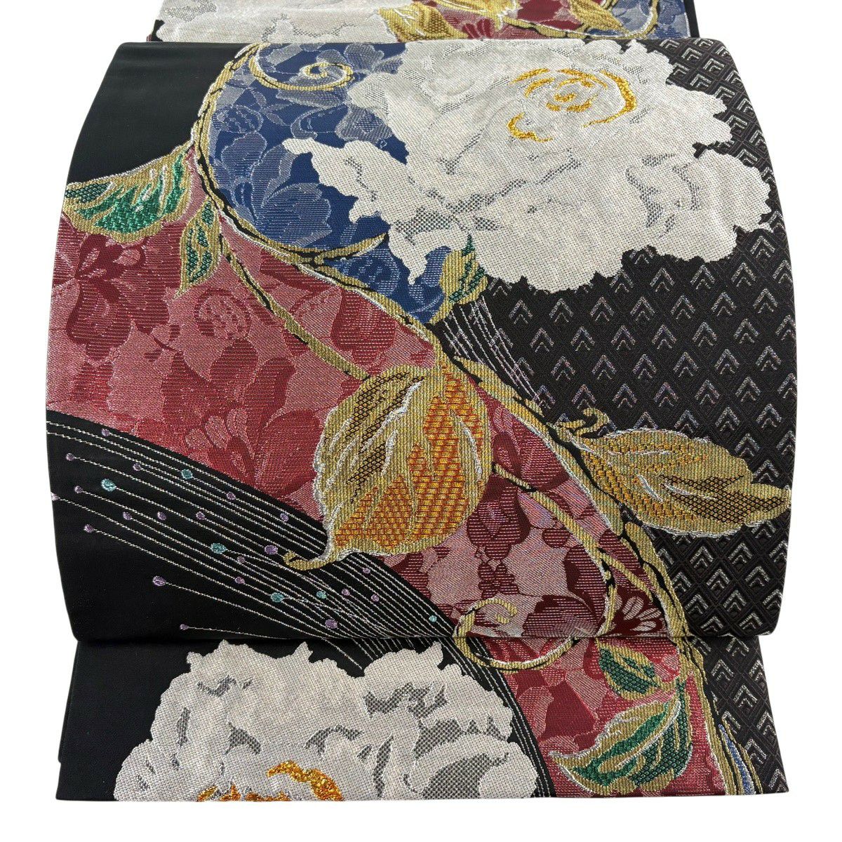 【美品】 袋帶 秀品級 草花紋紋 幾何學 金銀彩 金金箔 黑 六通 純蠶絲