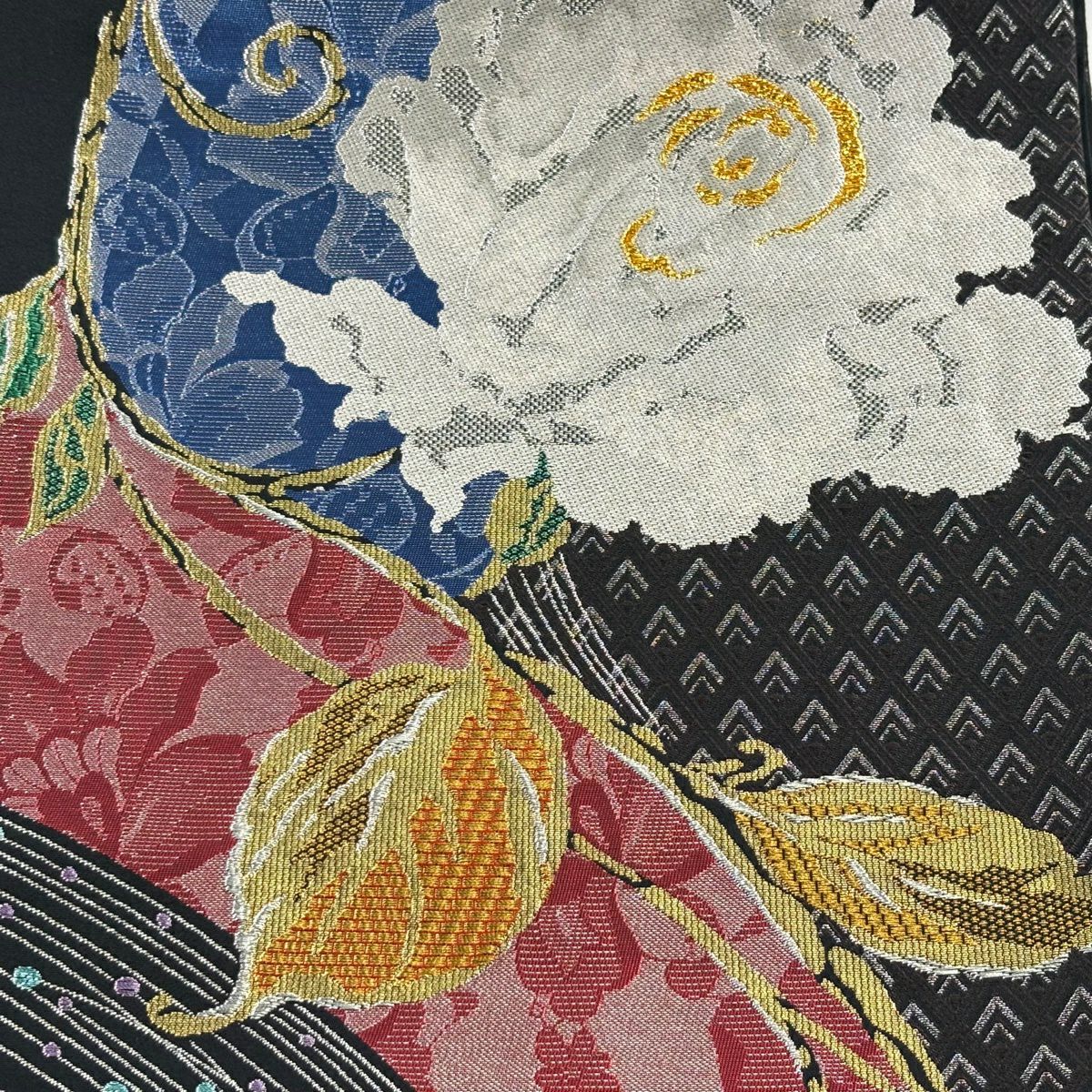 【美品】 袋帶 秀品級 草花紋紋 幾何學 金銀彩 金金箔 黑 六通 純蠶絲