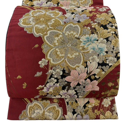 袋帶 秀品級 花小袖 振袖禮服禮服用 櫻花 金金箔散佈 唐織 金金箔 茜色 六通 純蠶絲