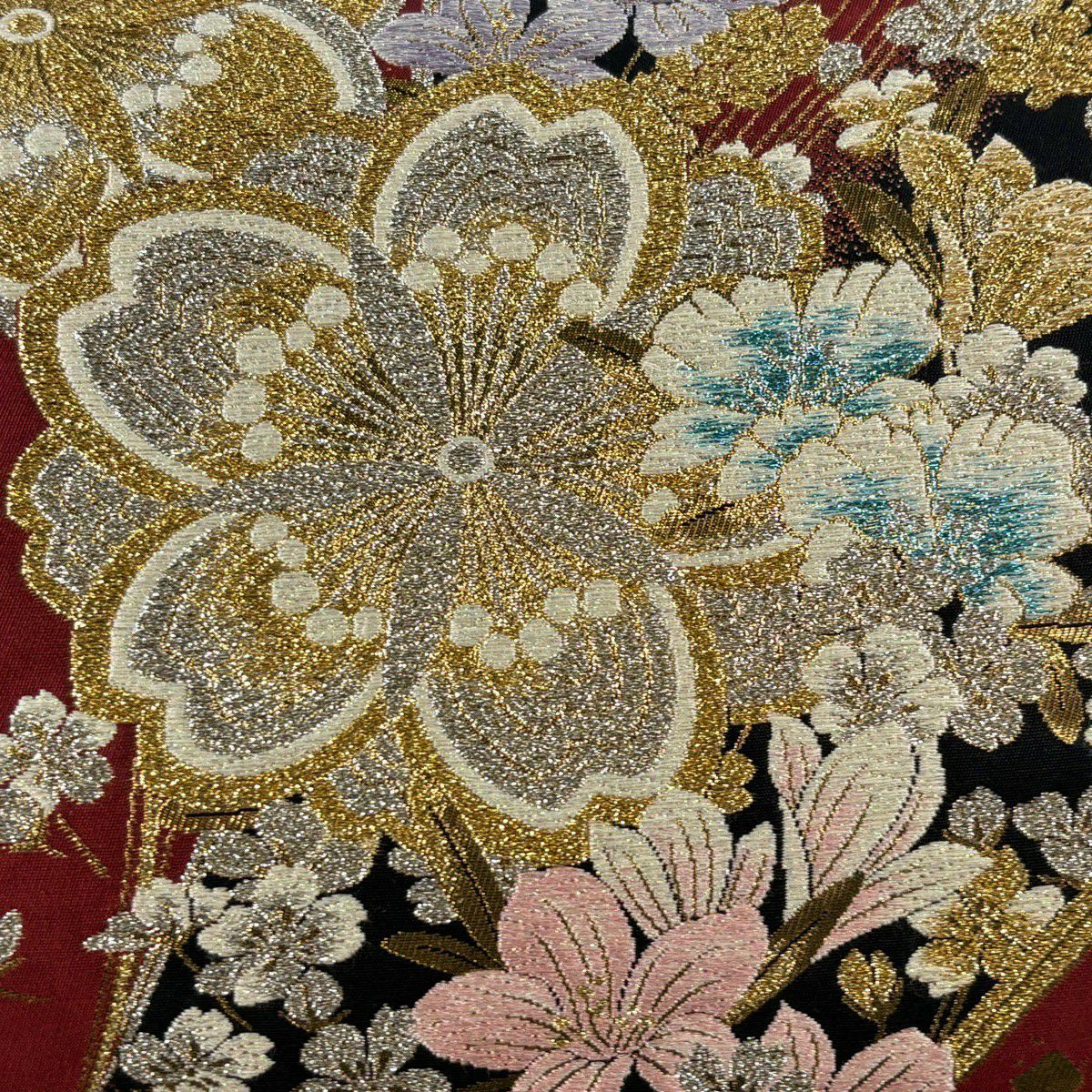 袋帶 秀品級 花小袖 振袖禮服禮服用 櫻花 金金箔散佈 唐織 金金箔 茜色 六通 純蠶絲