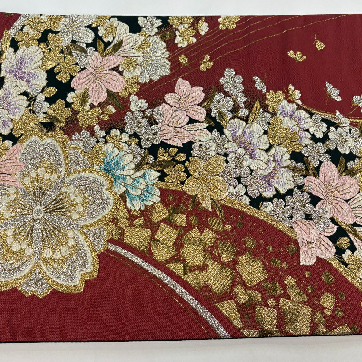 袋帶 秀品級 花小袖 振袖禮服禮服用 櫻花 金金箔散佈 唐織 金金箔 茜色 六通 純蠶絲