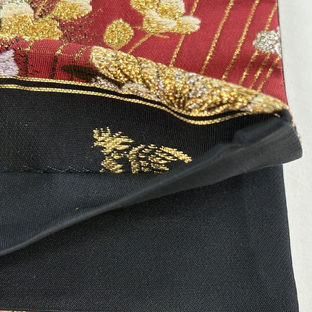 袋帶 秀品級 花小袖 振袖禮服禮服用 櫻花 金金箔散佈 唐織 金金箔 茜色 六通 純蠶絲