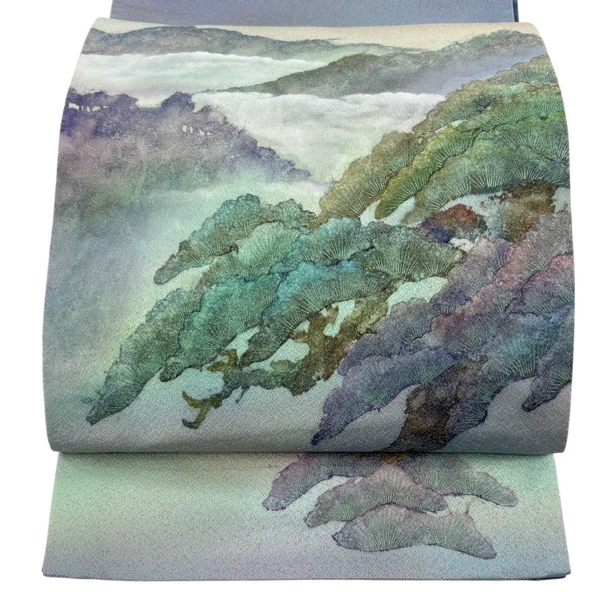 【美品】 袋帶 秀品級 落款あり 風景 松樹 銀線 金銀彩 薄紫 お太鼓柄 純蠶絲