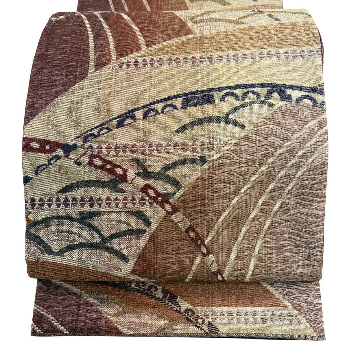 【美品】 袋帶 秀品級 幾何圖案 紅茶 六通 純蠶絲
