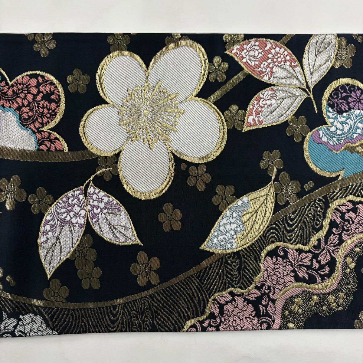 袋帶 秀品級 梅花 波 金糸 金金箔 青黑 六通 純蠶絲