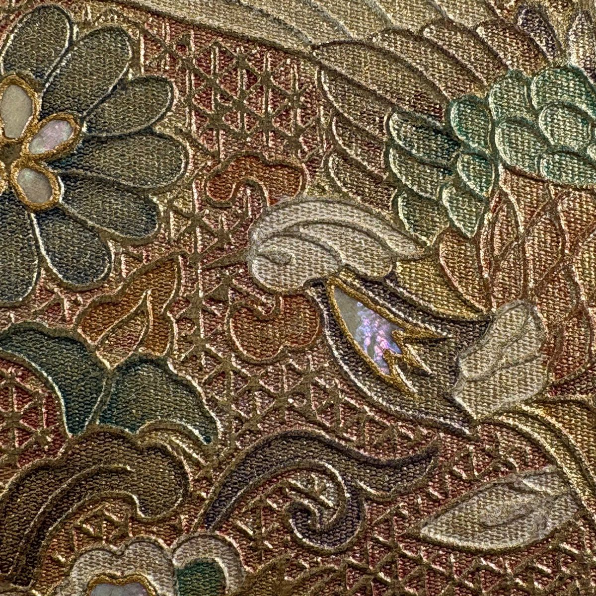 袋帶 秀品級 附有落款 華紋 花鳥 螺鈿 金銀彩 金 純蠶絲