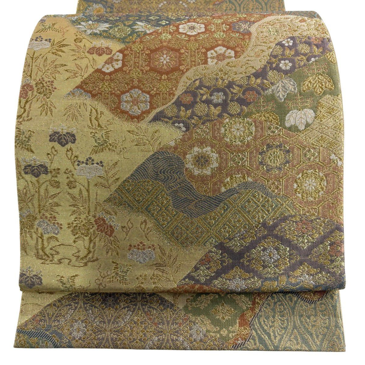 【美品】 袋帶 秀品級 華紋 笹蔓 金銀彩 金金箔 金色 六通 純蠶絲