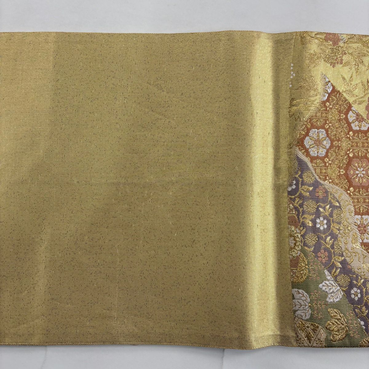 【美品】 袋帶 秀品級 華紋 笹蔓 金銀彩 金金箔 金色 六通 純蠶絲