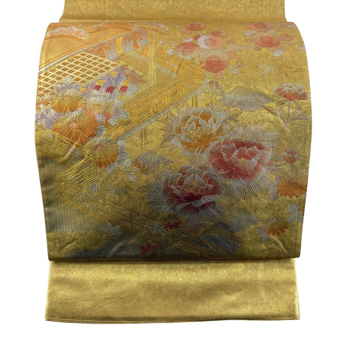 袋帶 秀品級 和田光正 落款あり 關西仕立 御所風景 草花紋 金銀彩 金 純蠶絲