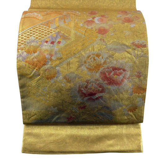 袋帶 秀品級 和田光正 落款あり 關西仕立 御所風景 草花紋 金銀彩 金 純蠶絲