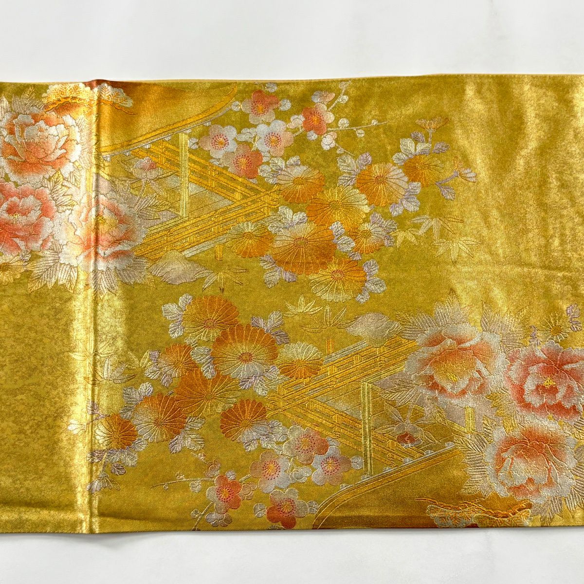 袋帶 秀品級 和田光正 落款あり 關西仕立 御所風景 草花紋 金銀彩 金 純蠶絲