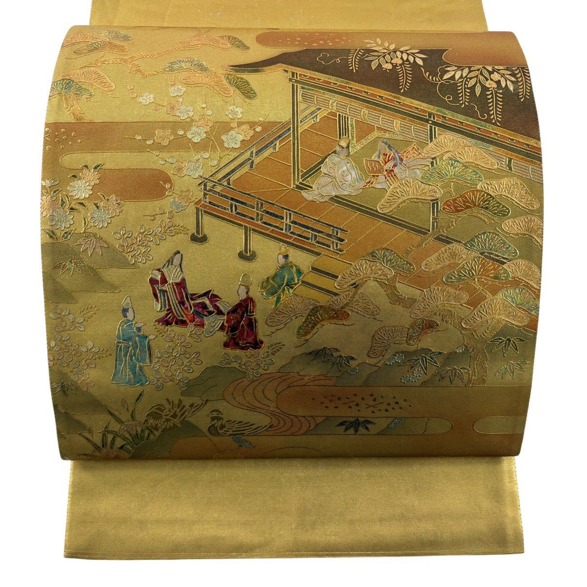 【美品】 袋帶 秀品級 御所風景 草花紋紋 螺鈿 金銀彩 金色 大鼓圖案 純蠶絲
