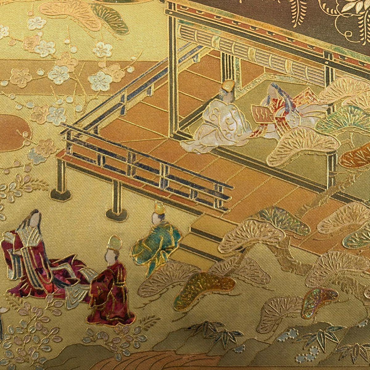 【美品】 袋帶 秀品級 御所風景 草花紋紋 螺鈿 金銀彩 金色 大鼓圖案 純蠶絲