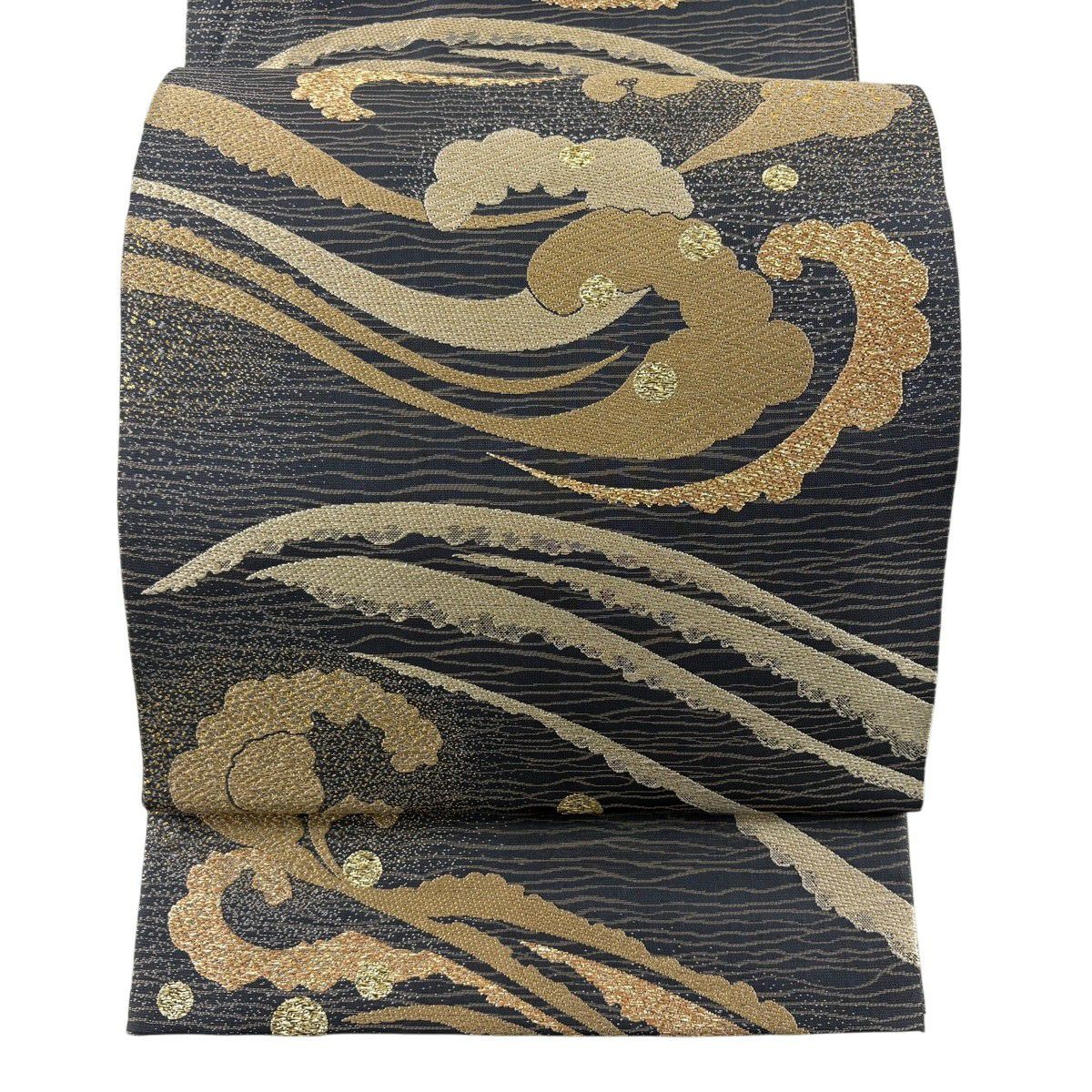 【美品】 袋帶 秀品級 波頭 しぶき 金絲 金金箔 灰 深藍 六通 純蠶絲