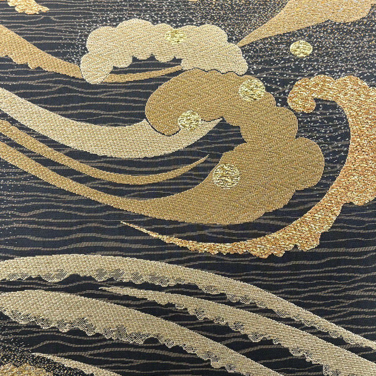 【美品】 袋帶 秀品級 波頭 しぶき 金絲 金金箔 灰 深藍 六通 純蠶絲