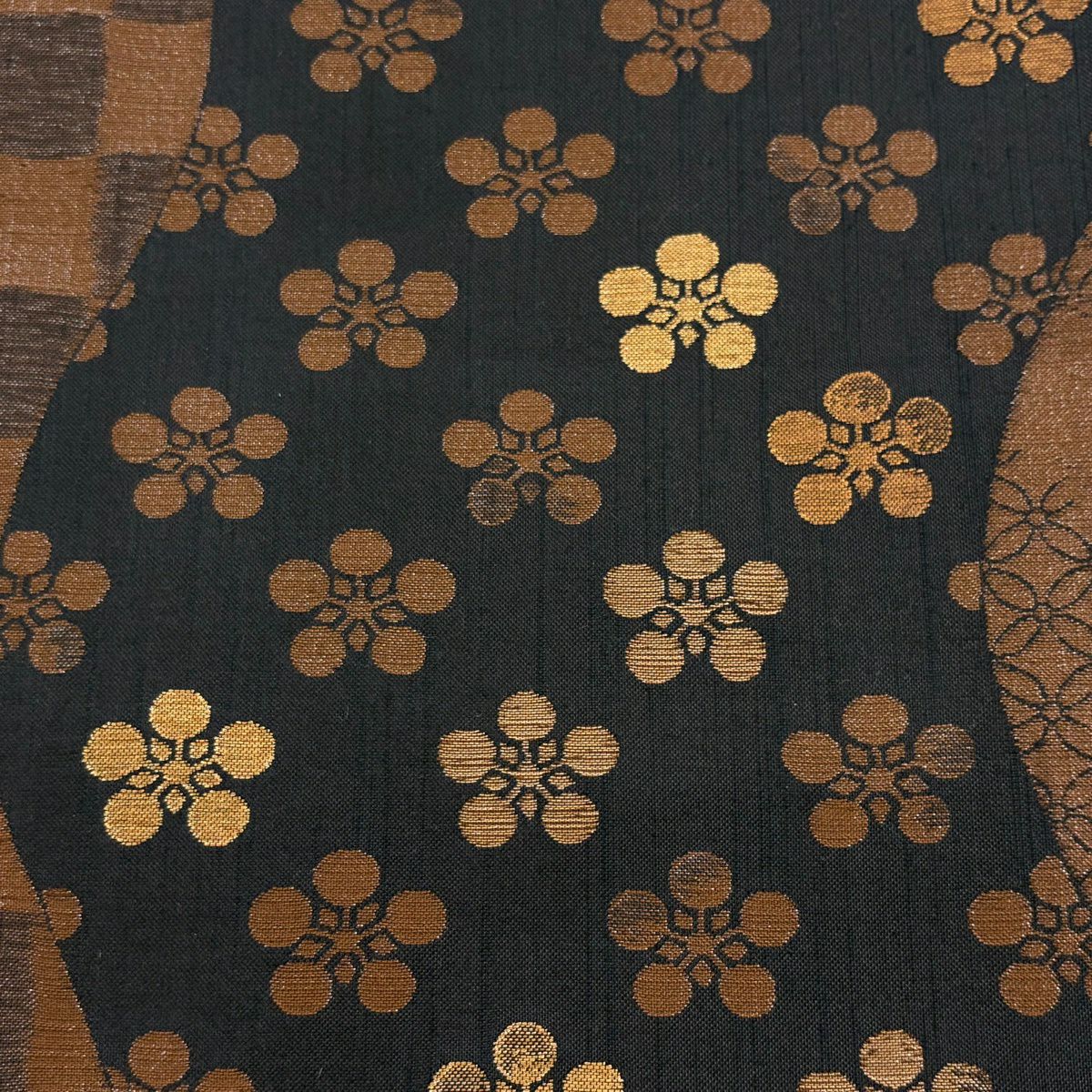 【美品】 袋帶 秀品級 梅花鉢 市松樹 金金箔 焦茶 六通 純蠶絲