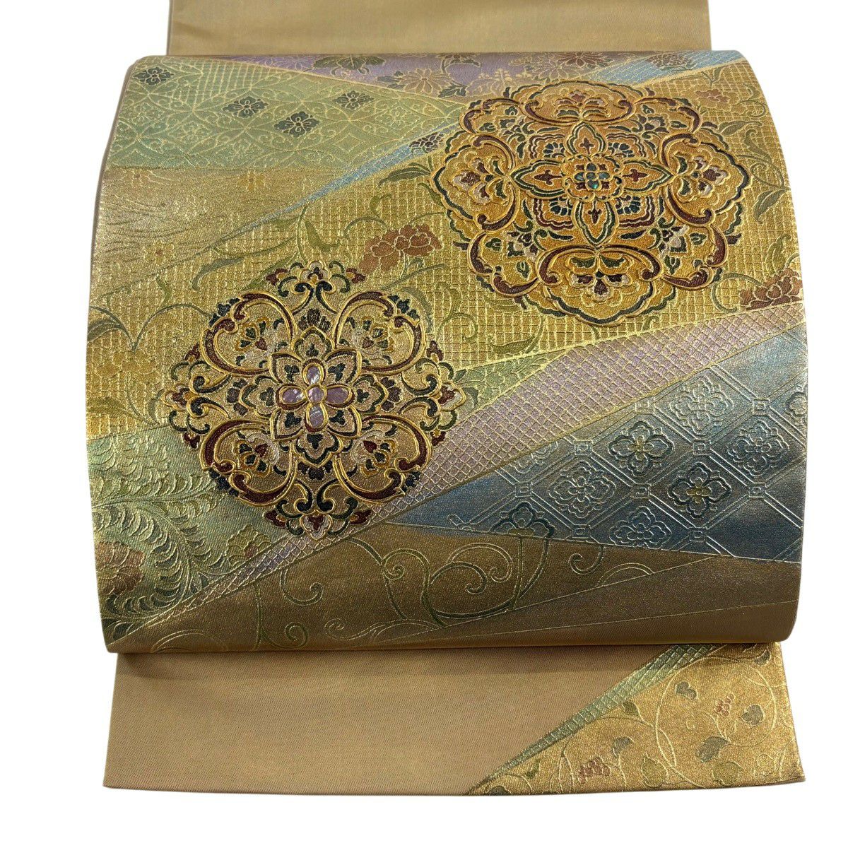 【美品】 袋帶 秀品級 華紋 花唐草紋 螺鈿 金金箔 米色 大鼓圖案 純蠶絲