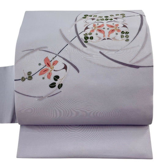 【美品】名古屋帶 秀品級 草花紋 金彩裝飾 灰 純蠶絲
