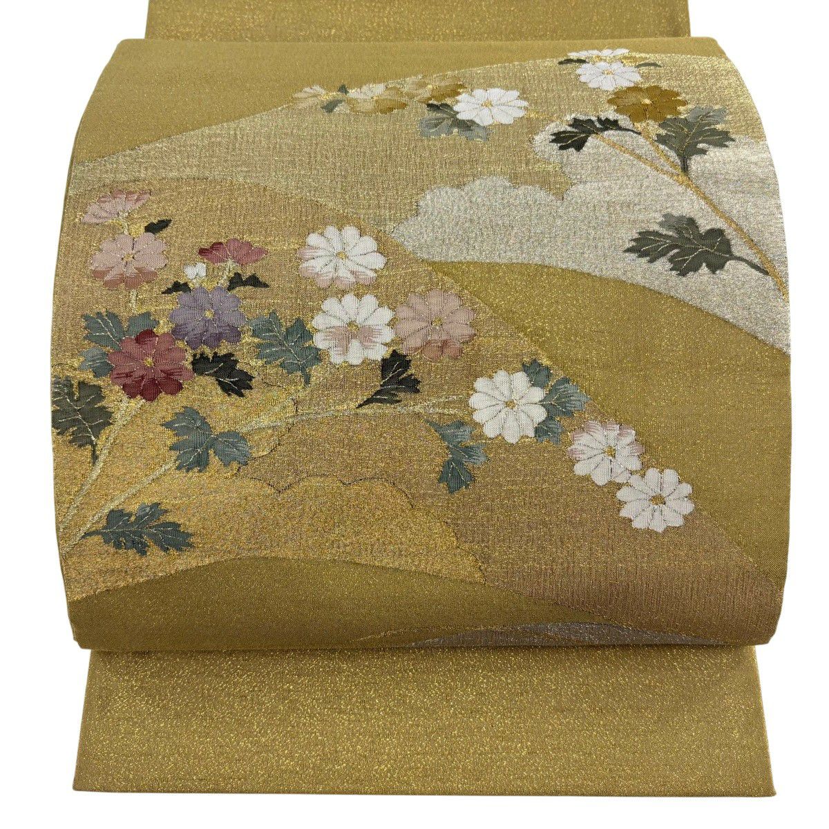【美品】 袋帶 秀品級 綴織 菊花 雲紋 金絲 芥末色 大鼓圖案 純蠶絲