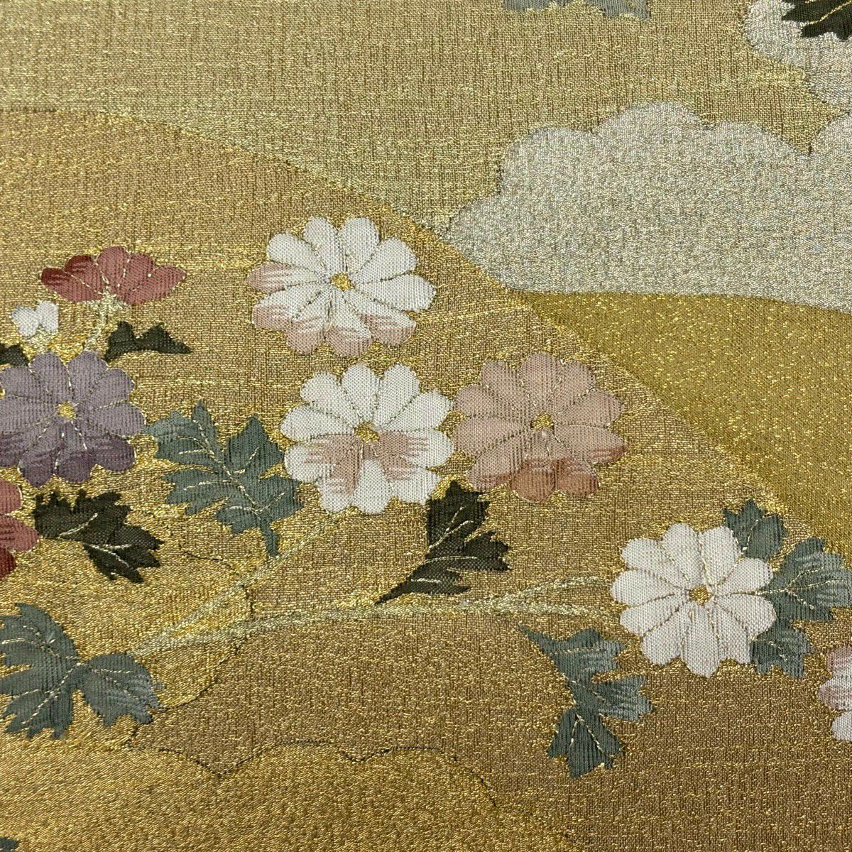 【美品】 袋帶 秀品級 綴織 菊花 雲紋 金絲 芥末色 大鼓圖案 純蠶絲