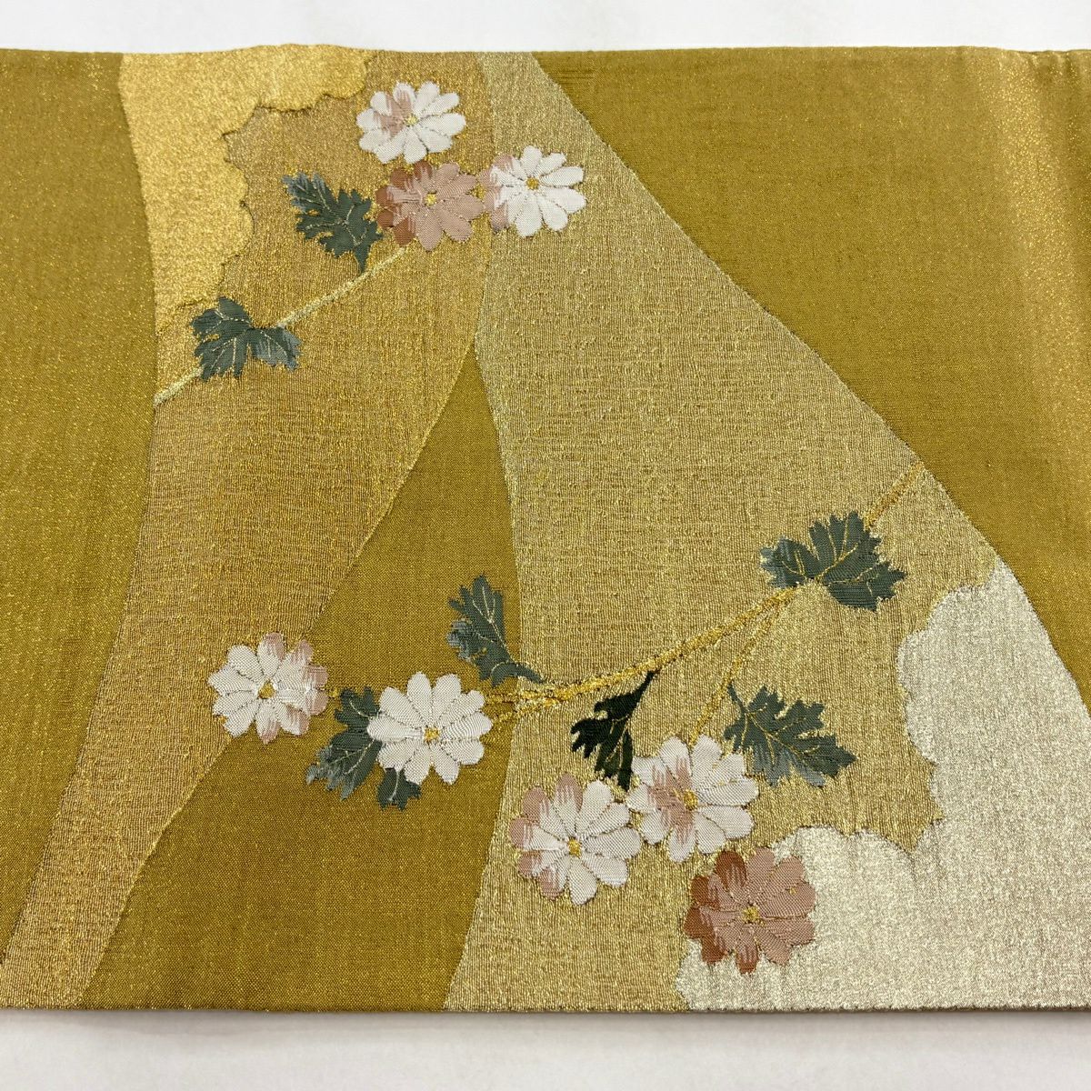 【美品】 袋帶 秀品級 綴織 菊花 雲紋 金絲 芥末色 大鼓圖案 純蠶絲