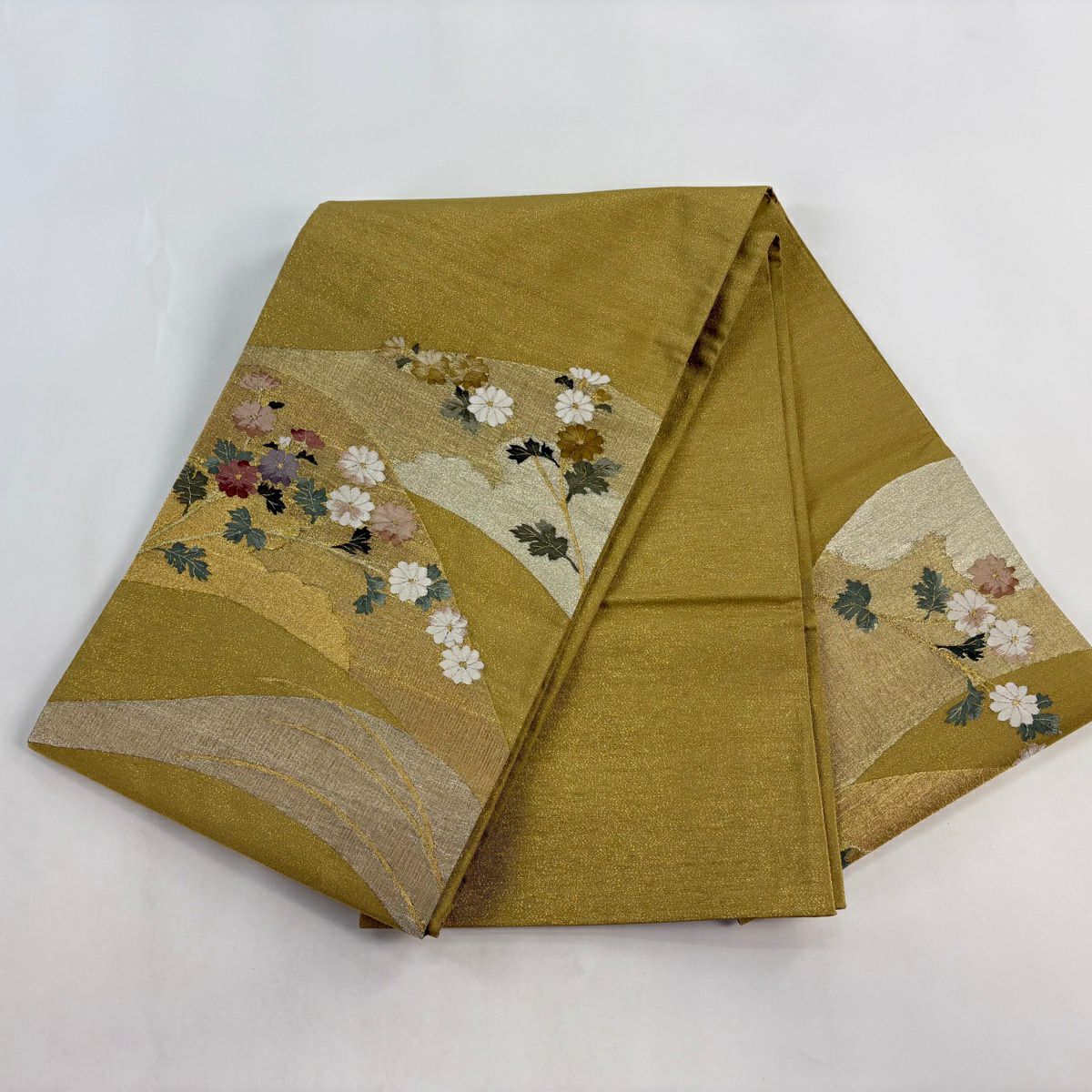 【美品】 袋帶 秀品級 綴織 菊花 雲紋 金絲 芥末色 大鼓圖案 純蠶絲