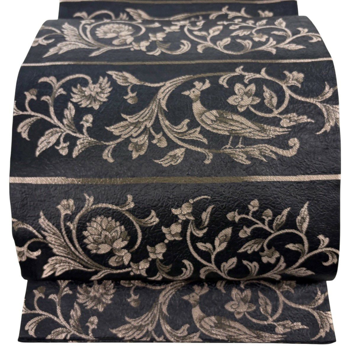 【美品】 袋帶 秀品級 花唐草紋 鳥 墨 黑 六通 純蠶絲