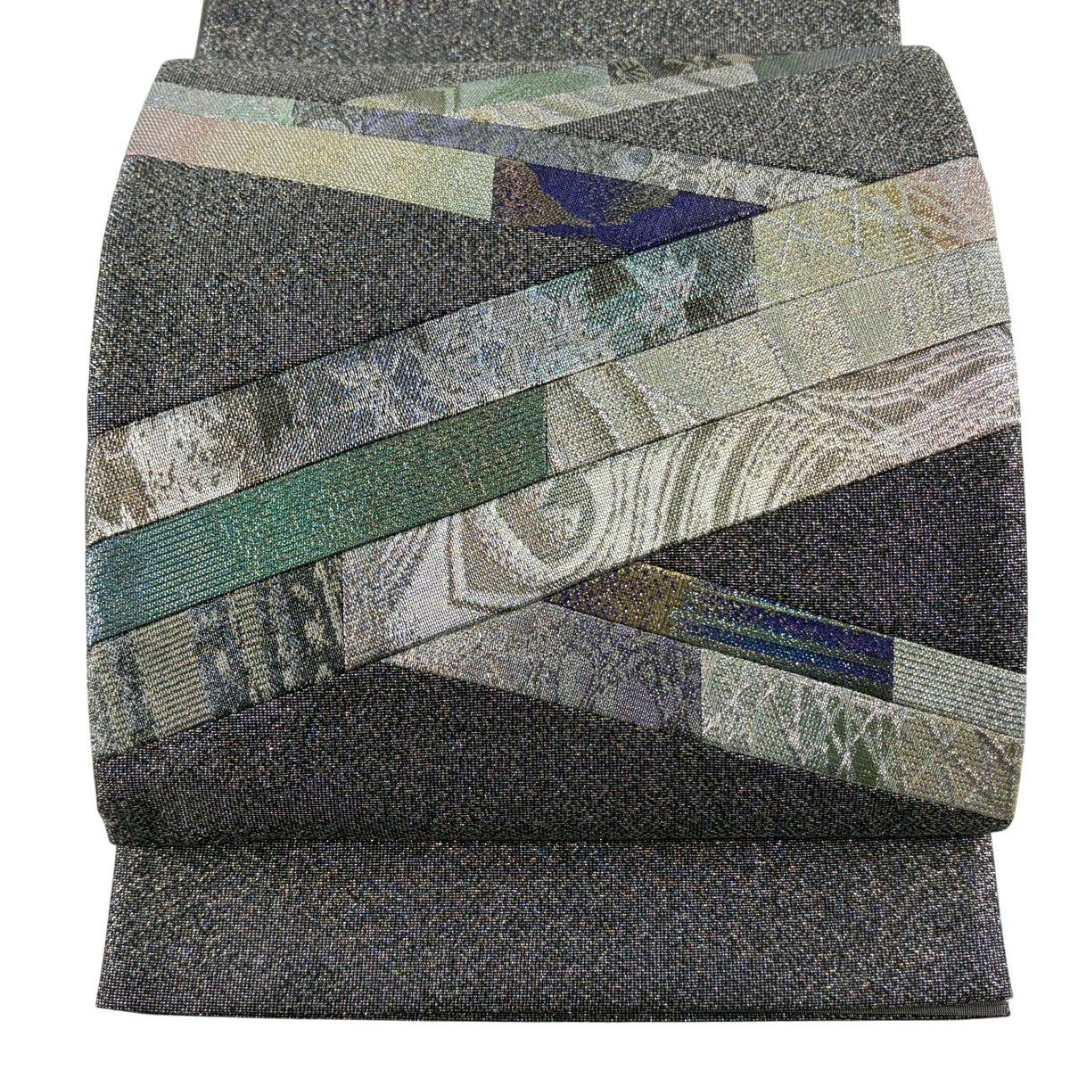 【美品】 袋帶 秀品級 幾何學 斜紋 金金箔 切嵌 灰 深色 お太鼓圖案 純蠶絲