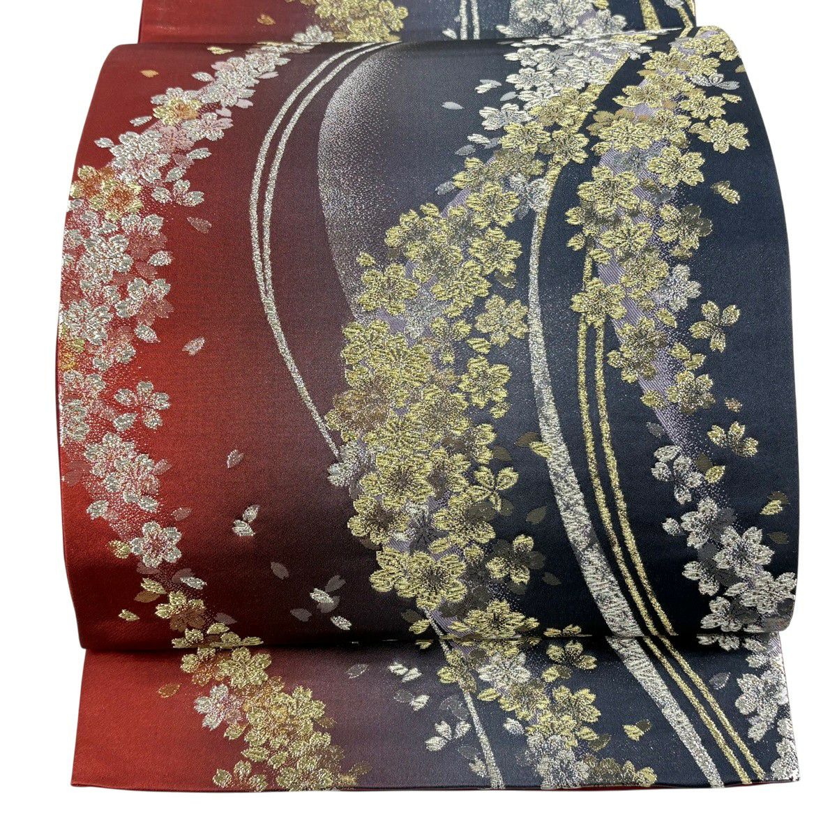 【美品】 袋帶 秀品級 振袖禮服禮服用 櫻花 櫻花花瓣 金金箔 金銀彩 茜色 六通 純蠶絲