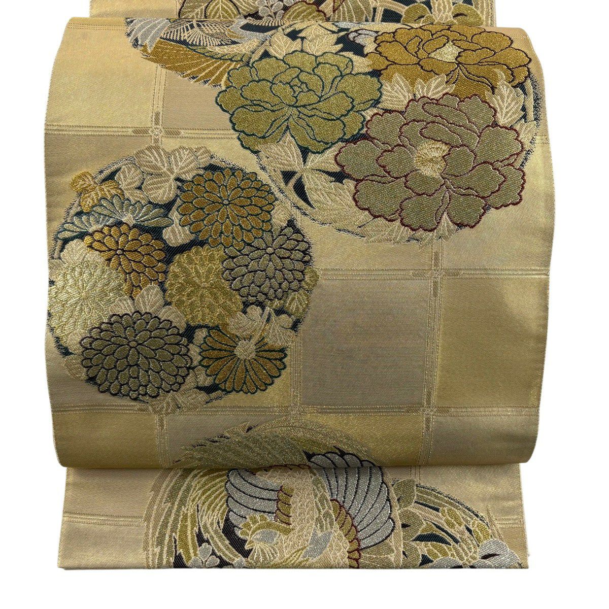 【美品】 袋帶 秀品級 格天丸紋 花鳥 金銀絲 金金箔 金 六通 純蠶絲