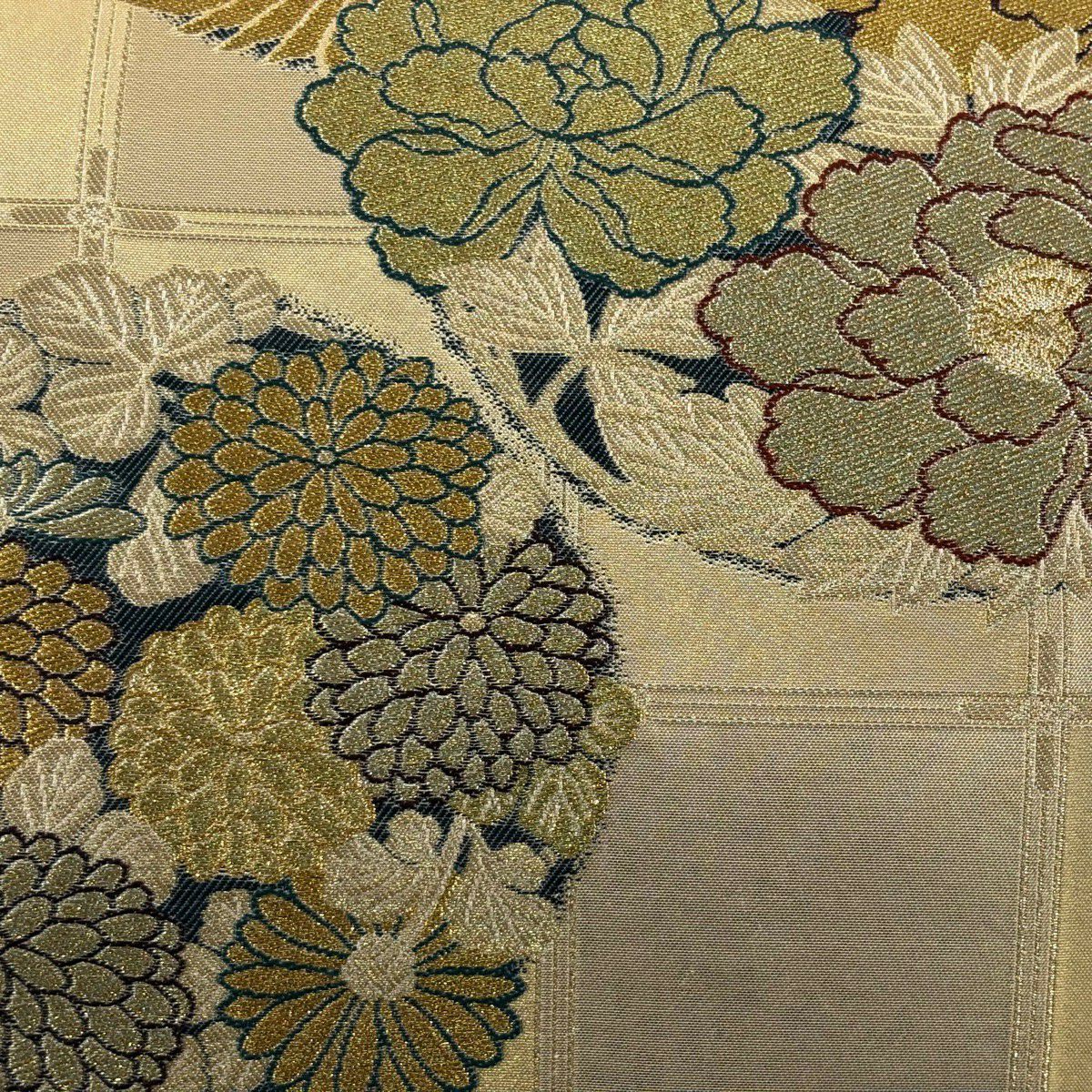 【美品】 袋帶 秀品級 格天丸紋 花鳥 金銀絲 金金箔 金 六通 純蠶絲