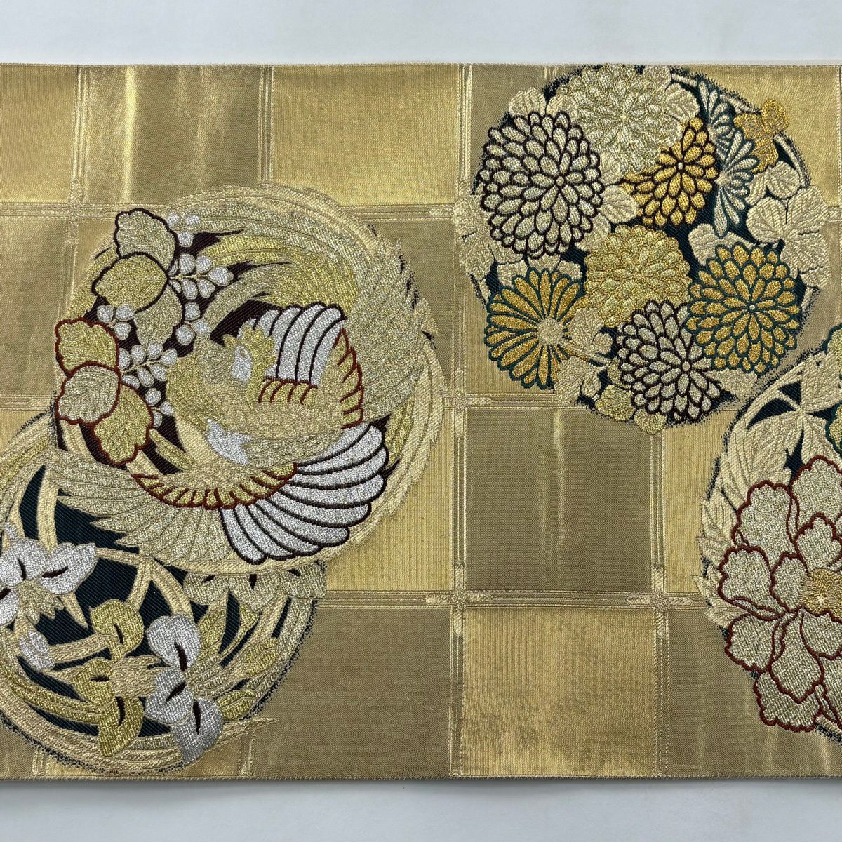 【美品】 袋帶 秀品級 格天丸紋 花鳥 金銀絲 金金箔 金 六通 純蠶絲