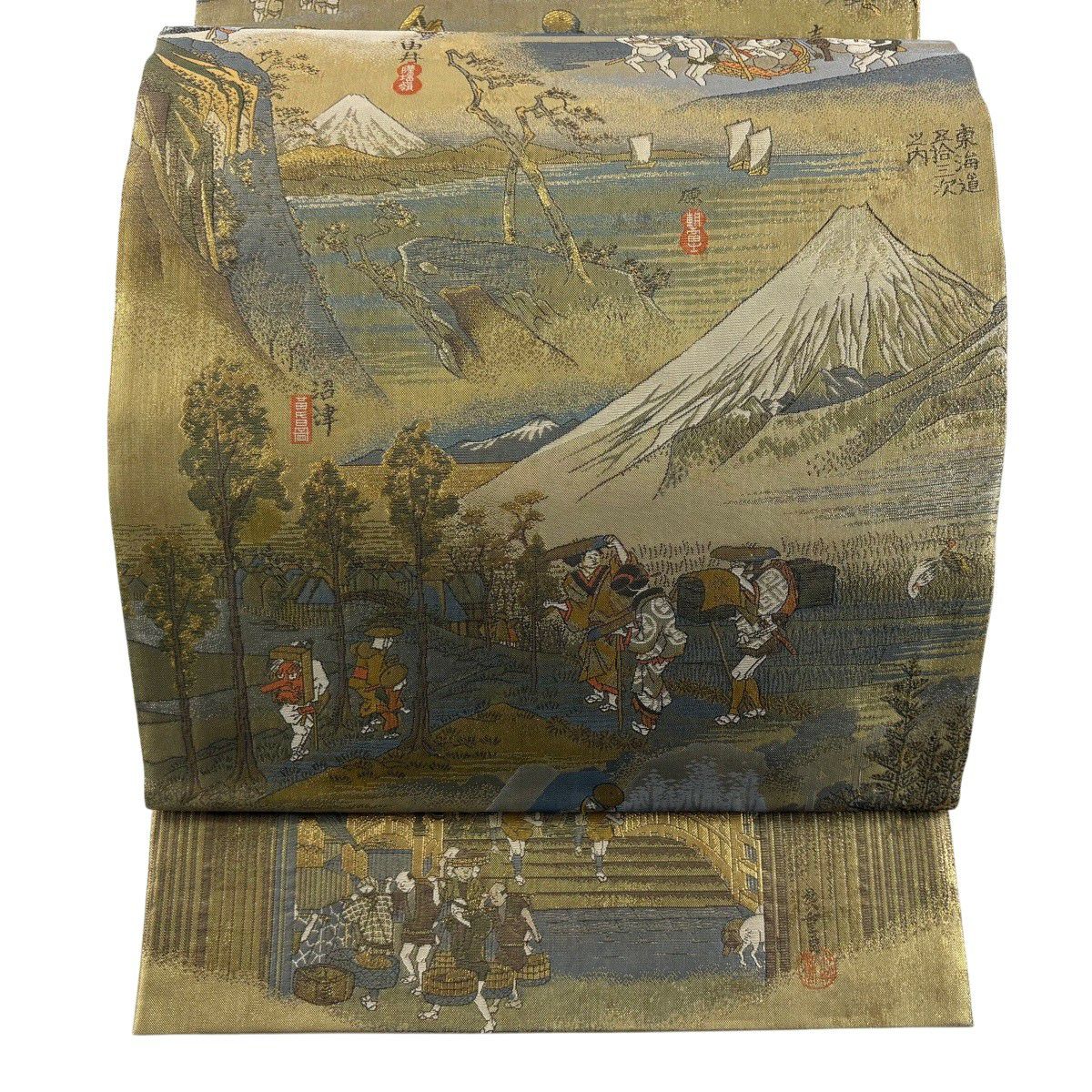 【美品】 袋帶 秀品級 東海道五拾三次 風景 人物 金金箔 金色 全通 純蠶絲