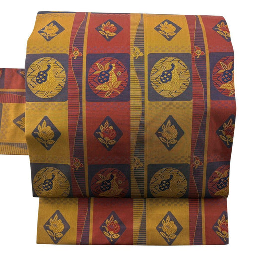 【美品】名古屋帶 秀品級 草花紋 紅 純蠶絲