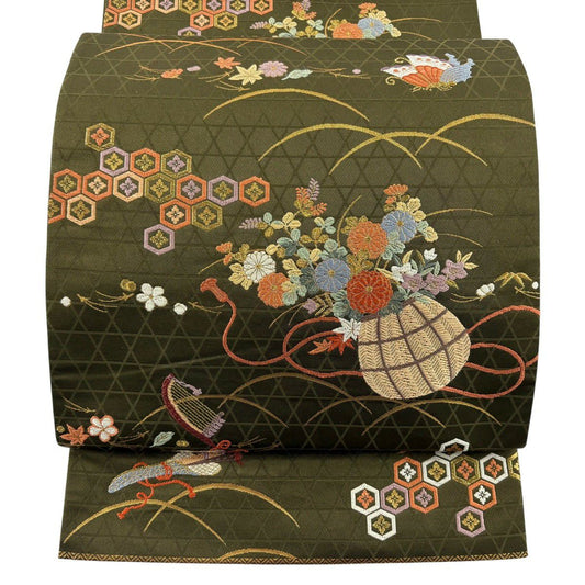 袋帶 秀品級 關西仕立 花籠 蝶 刺繡 金線 茶綠 六通 純蠶絲