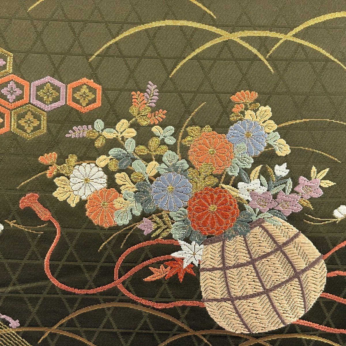 袋帶 秀品級 關西仕立 花籠 蝶 刺繡 金線 茶綠 六通 純蠶絲