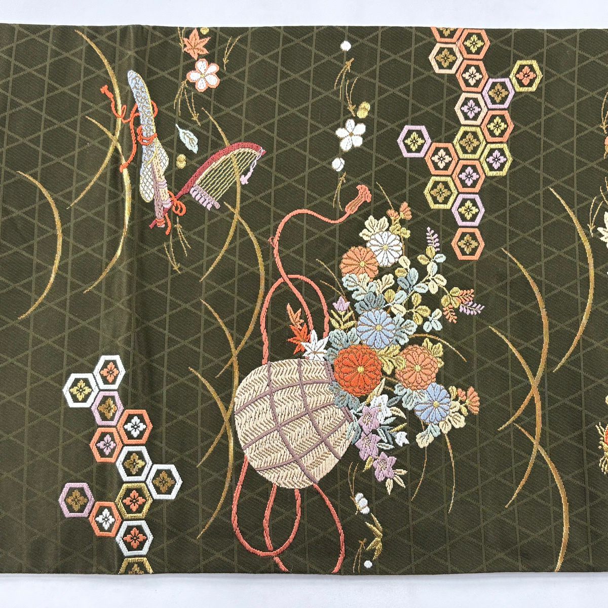 袋帶 秀品級 關西仕立 花籠 蝶 刺繡 金線 茶綠 六通 純蠶絲