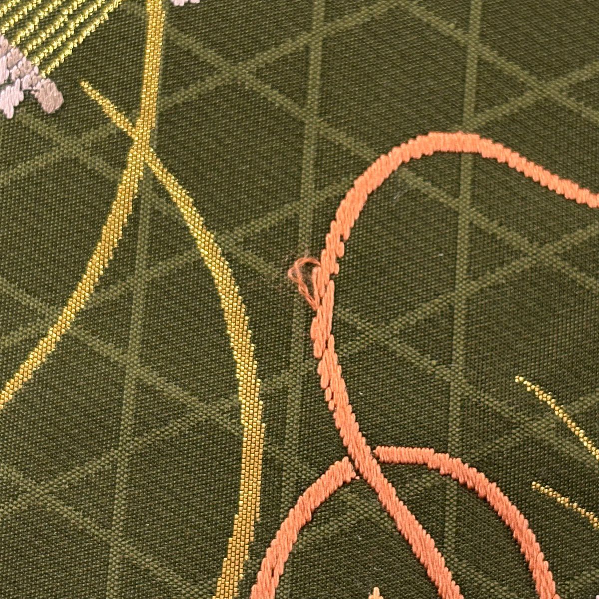 袋帶 秀品級 關西仕立 花籠 蝶 刺繡 金線 茶綠 六通 純蠶絲