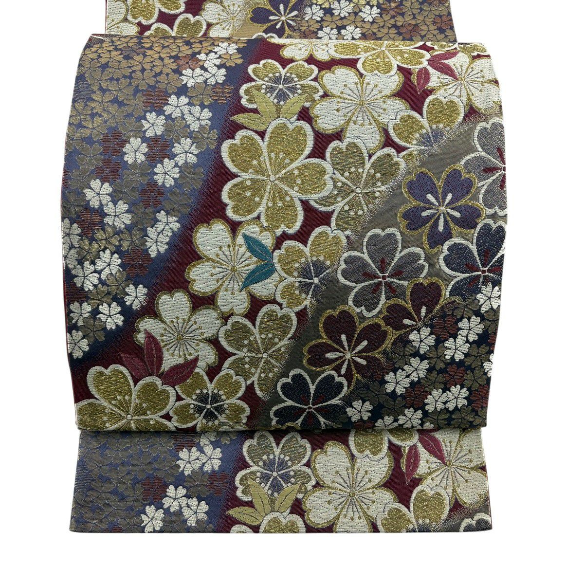 【美品】 袋帶 秀品級 櫻花 刺繡 金線 深紅色 六通 純蠶絲