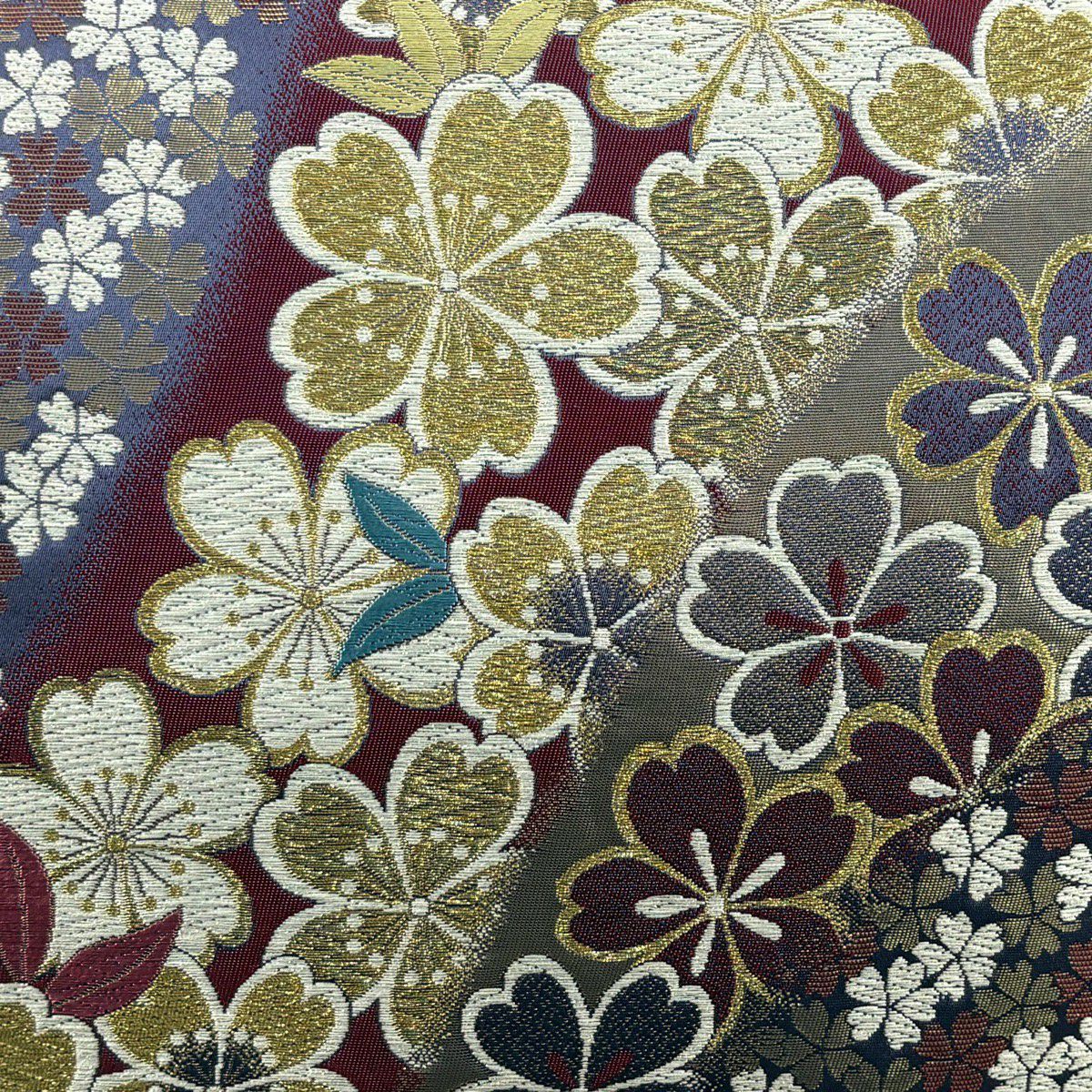【美品】 袋帶 秀品級 櫻花 刺繡 金線 深紅色 六通 純蠶絲