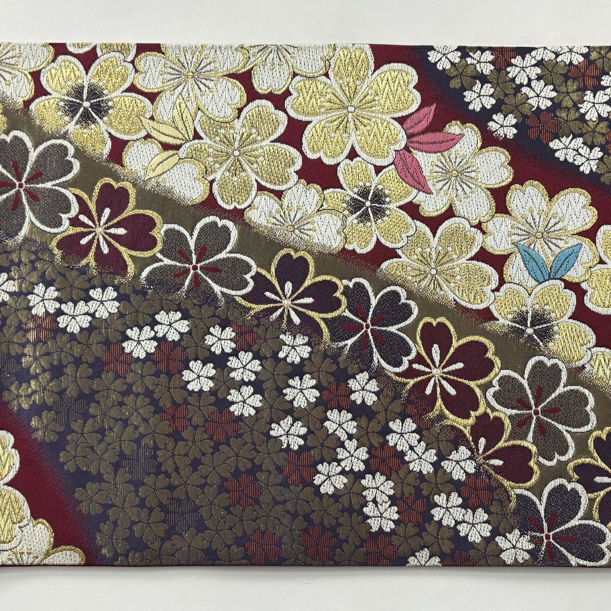 【美品】 袋帶 秀品級 櫻花 刺繡 金線 深紅色 六通 純蠶絲