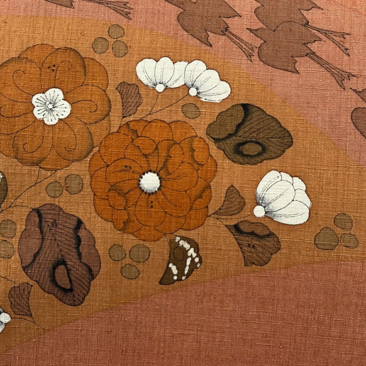 【美品】 開口名古屋帶 優品級 紬織織 辻花染圖案 千鳥 橙色 純蠶絲