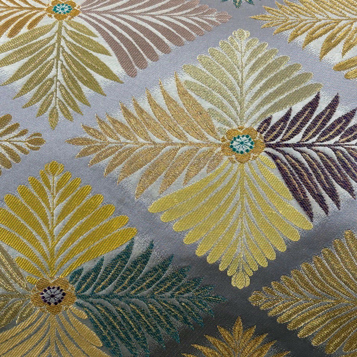 【美品】 袋帶 秀品級 菱 草花紋 金糸 刺繡 灰 深藍 六通 純蠶絲