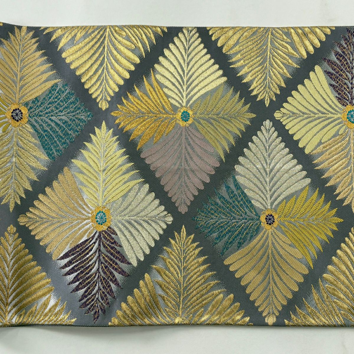 【美品】 袋帶 秀品級 菱 草花紋 金糸 刺繡 灰 深藍 六通 純蠶絲